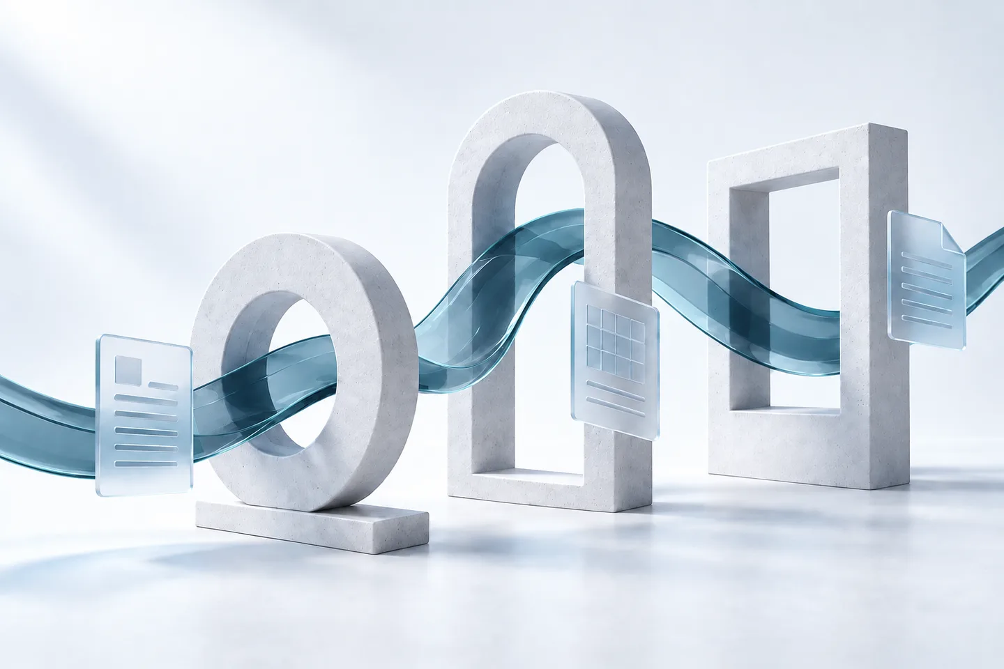 Illustration de documents connectés par un ruban de verre bleu ardoise traversant des formes architecturales.